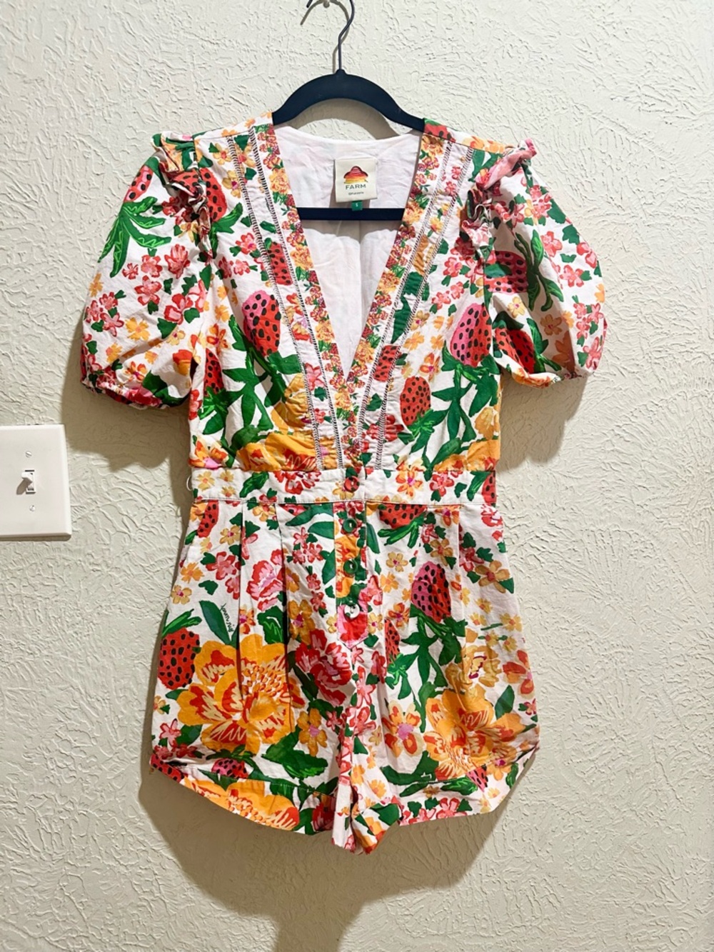 FARM Rio White Romper with Green, Yellow & Pink Floral Print